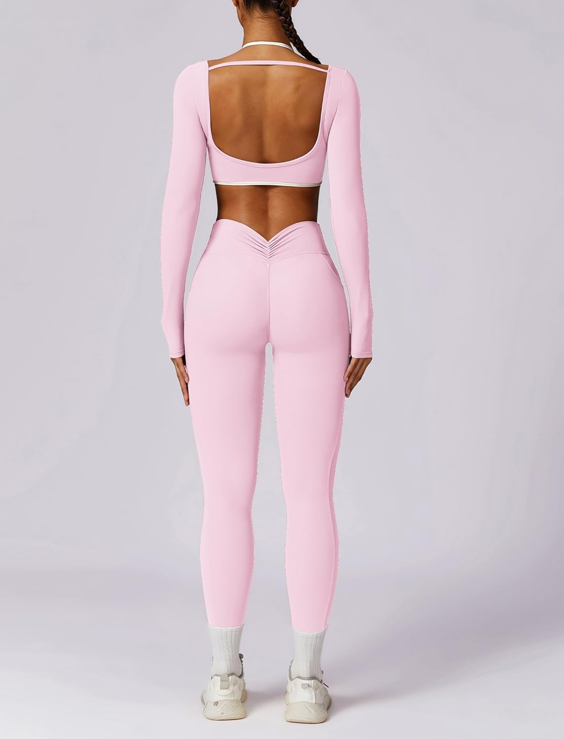 ABOCIW Workout Sets for Women Long Sleeve Crop Top Scrunch Butt Lifting High Waist Leggings with Pockets 2 Piece Outfits - Image 2