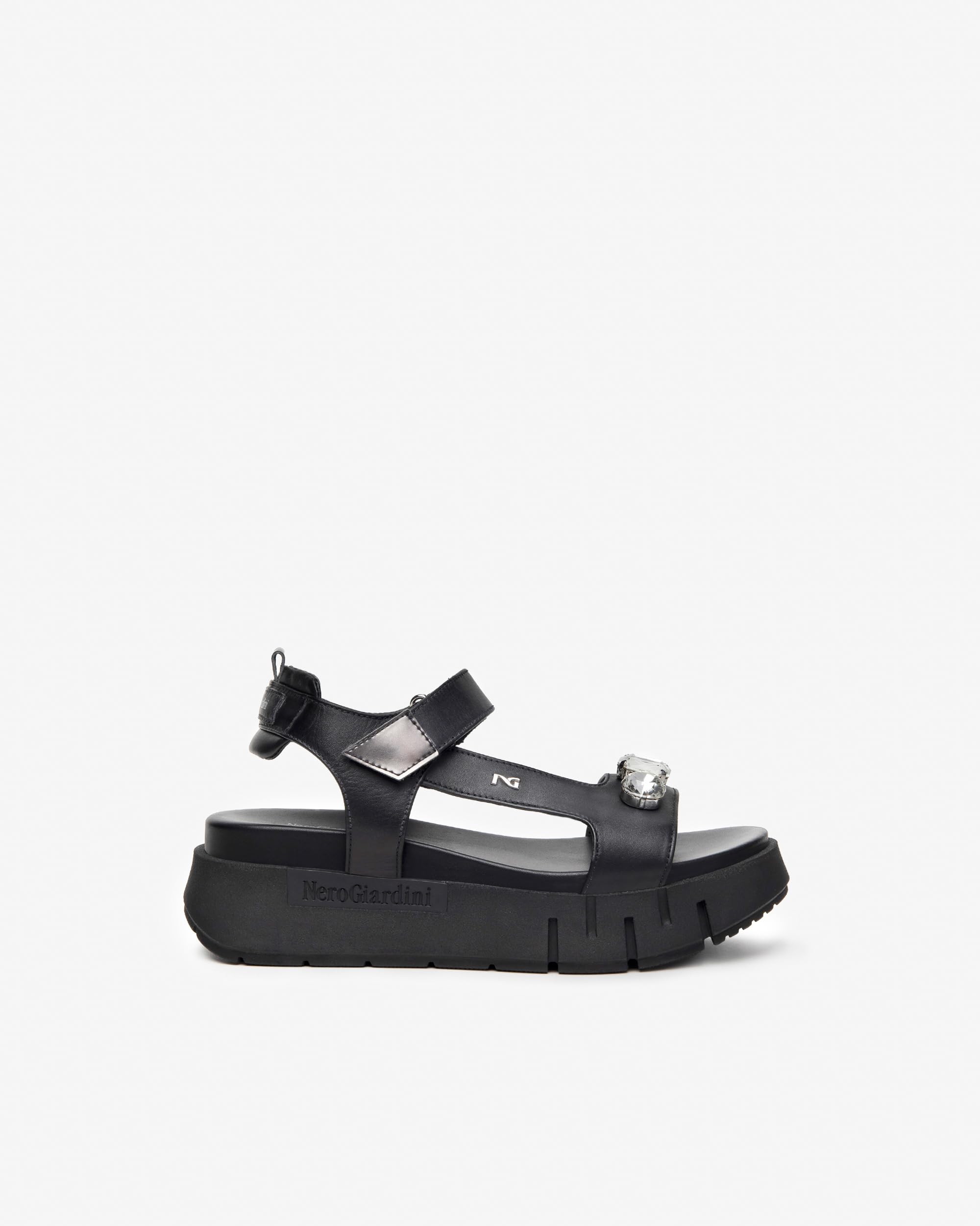 Nero Giardini E410707D Sandalo Donna in Pelle Nero con Pietre