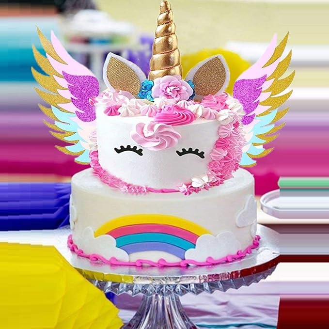 Unicorn Cake Topper Set With Shiny Gold Horn Ears Eyelashes And
