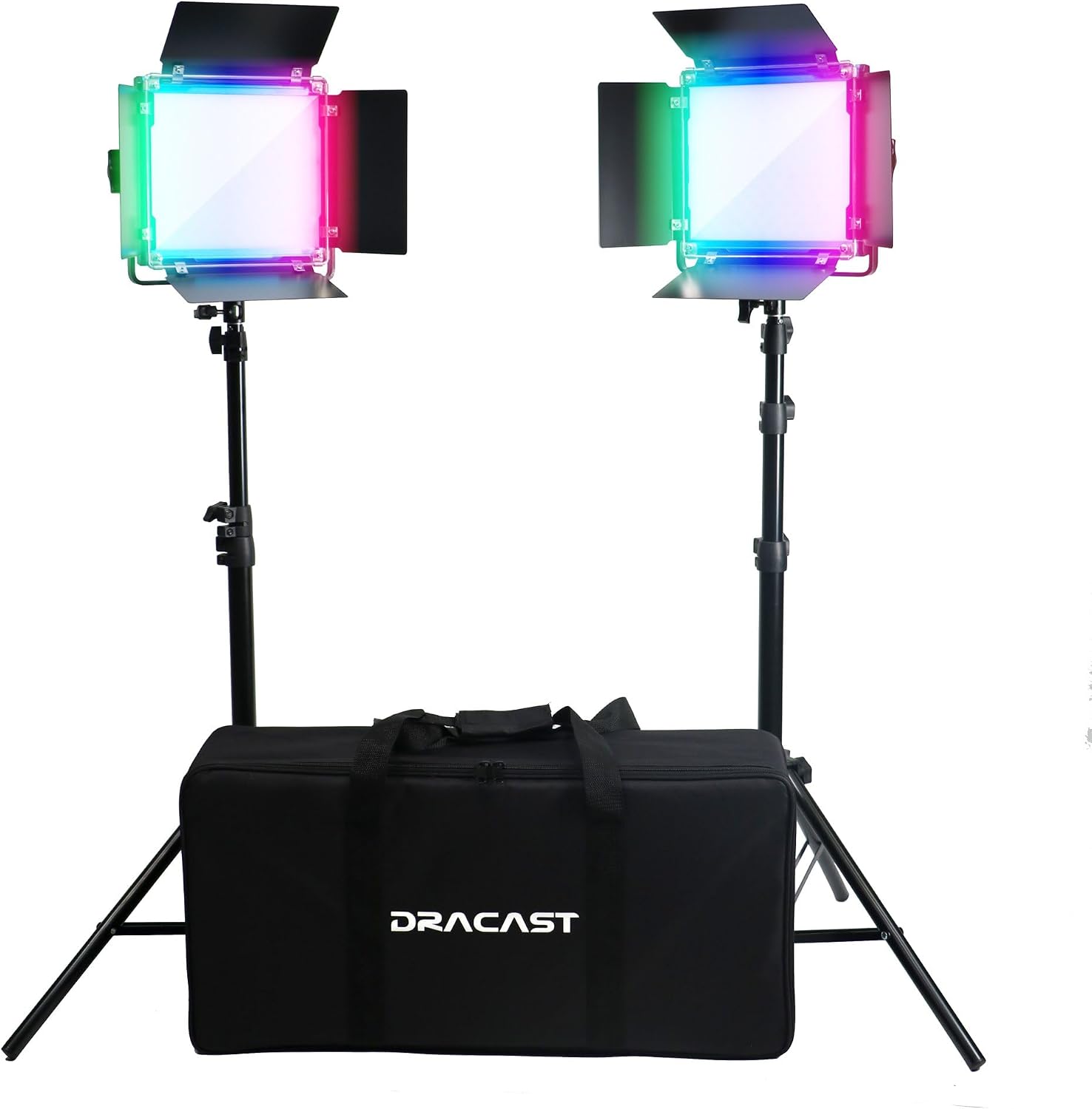 Dracast X Series RGB LED500 Kit - 2 Pack Includes Panel Lights, Stands, Barndoors, Travel Case | Bluetooth App Control | RGB + Bicolor LED Video Light Kit 2800K - 8000K | Dimmable Lighting 0-100%