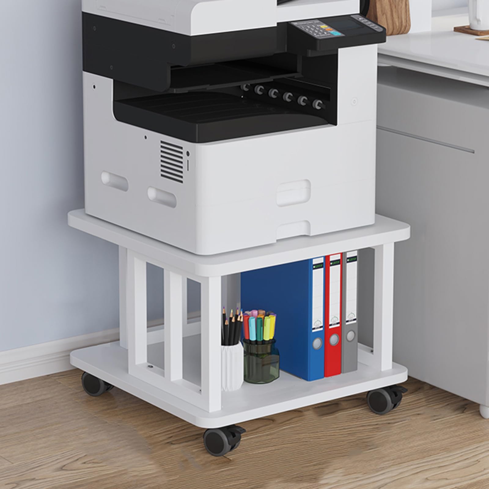 2-stufiger Großer Druckertisch Unter Dem Schreibtisch mit Ablagefläche, Beweglicher Kopierständer, Druckerständer mit Rollen, Druckerregal, Organizer-Regal for Das Home Office(White,50 x 50 x 38 cm)