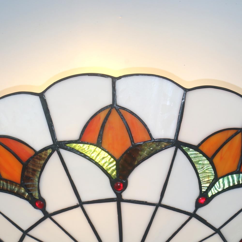 Tiffany Style Ceiling Light 16 Inch Stained Glass Flush Mount Ceiling Light for Bedroom Chandelier Vintage Pendent Light Fixtures (16 Inch White Orange)