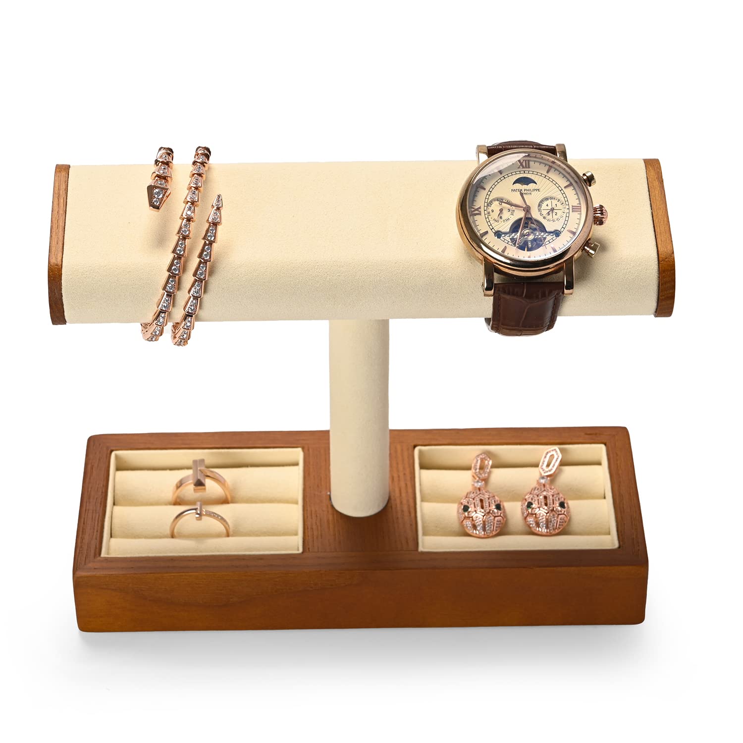 HVMBEUGOS T-Shaped Wooden Watch Stand with Jewellery Storage Grid Microfiber Watch Holder Display Organized for Watches & Rings