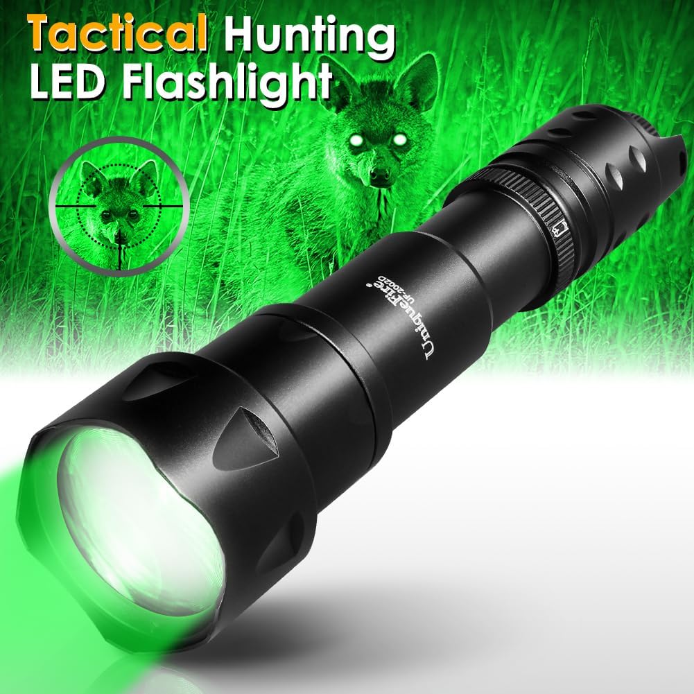UniqueFire 2002D Green Flashlight for Night Hunting, Fresnel Lens Zoomable Predator Green Light Rechargeable with Rapid Dimmer Switch & Bracket, Hog Coyote Hunting Light Flashlight
