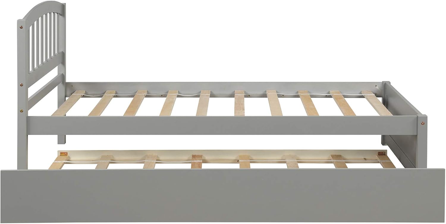 P PURLOVE Twin Size Platform Bed with Headboard Wood Bed Frame with Trundle Bed (Gray)