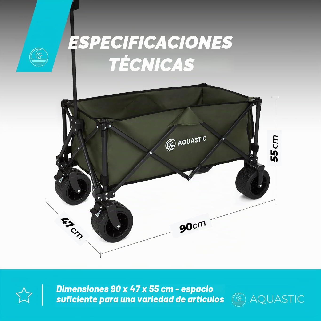 AQUASTIC Carrito con Ruedas portatodo Caro Carro de Mano de Transporte con Ruedas Resistentes de PVC Ideal Carro de jardín y Playa con Respaldo Ajustable Oliva