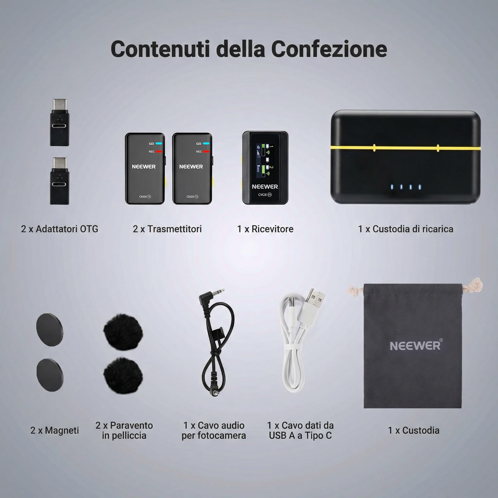 NEEWER CM28 Microfono Lavalier Wireless con Anti Rumore Smart, Registrazione Non Compressa a 48kHz/16bit per 9h, Portata 200m, Memoria 4GB per iPhone Android Fotocamera,1 RX+ 2 TX + Custodia Ricarica