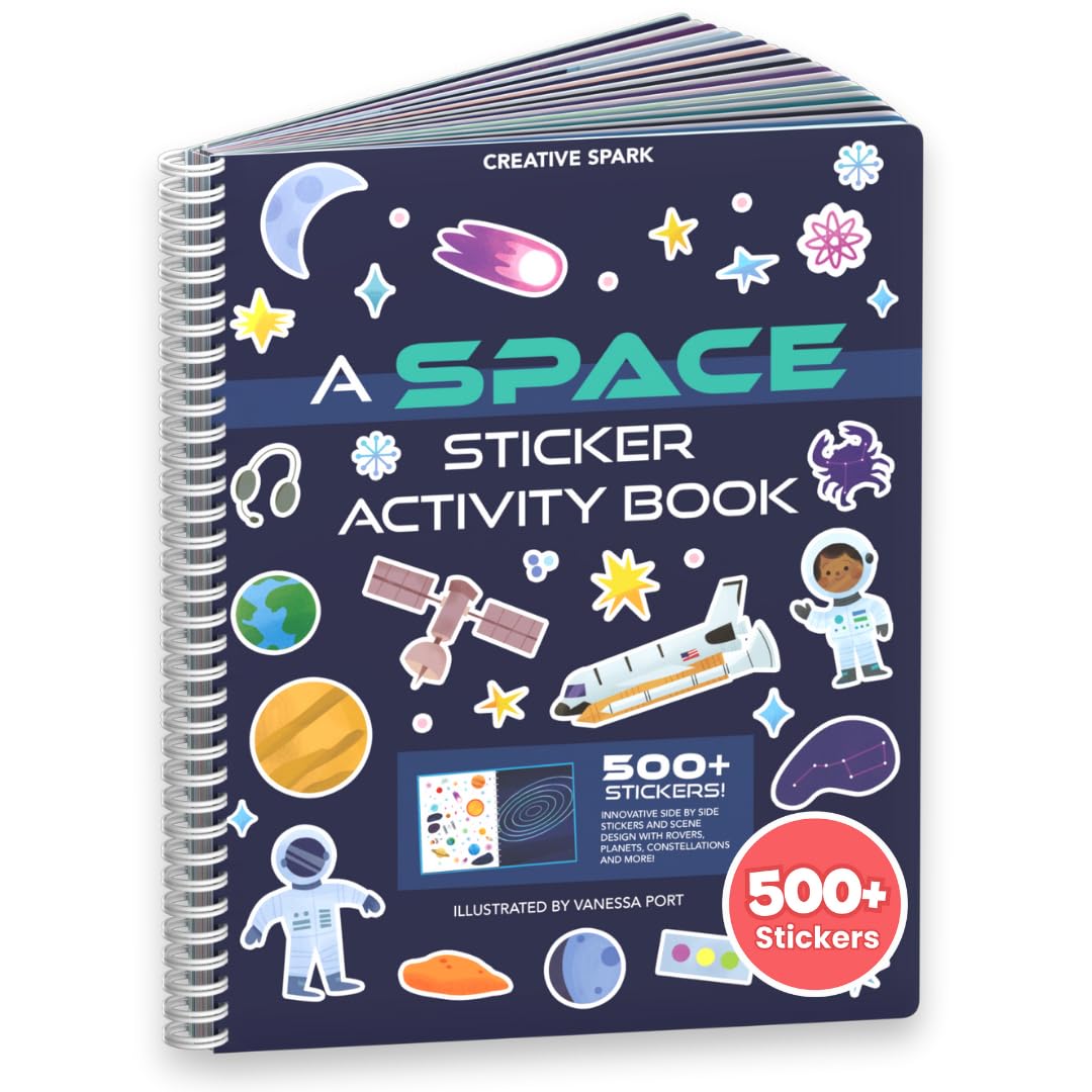 Outer Space Sticker Book for Kids 2-4, 500+ Kids Stickers 12 Coloring Pages, 12 Side by Side Scenes, Fun Toddler Travel Activity Coloring and Sticker Books for Ages 4-8 + 8-10