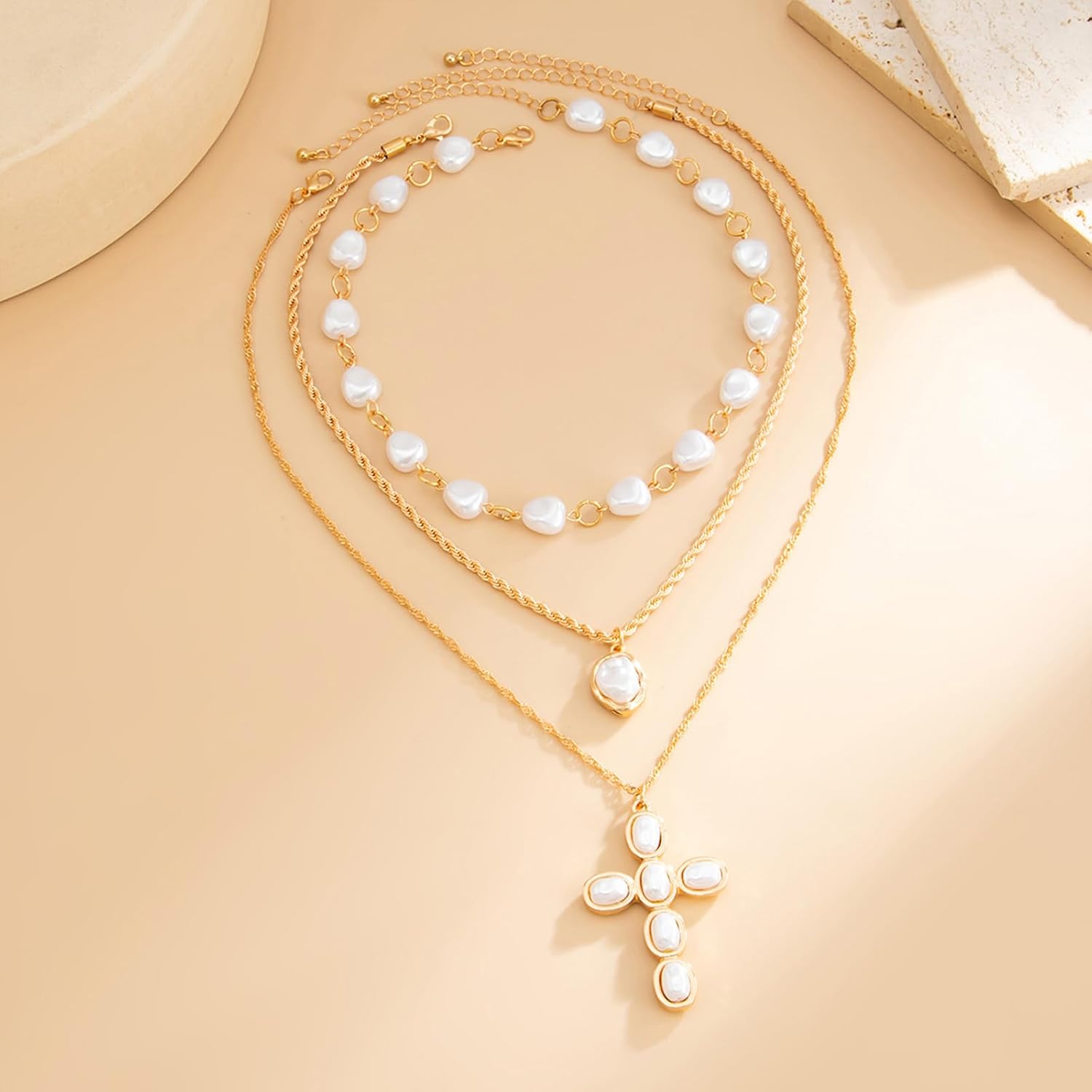 Layered Chunky Cross Necklace for Women Faux Pearl Toned Stackable Religious Jewelry Gift - Image 3