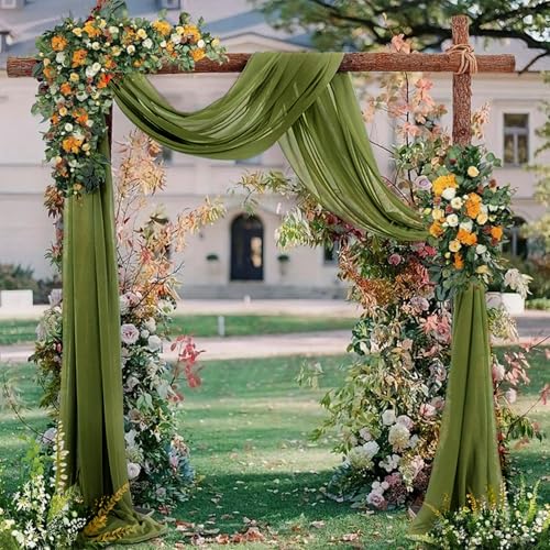 Wedding Arch Draping Fabric 4 Panels 20Ft Length x 28" Width Olive Green Arch Drapes Chiffon Fabric Sheer Curtains Backdrop for Party Bridal Ceremony Ceiling Decor Wedding Stage Reception Decorations by Sunnyline - Used condition - Image 2