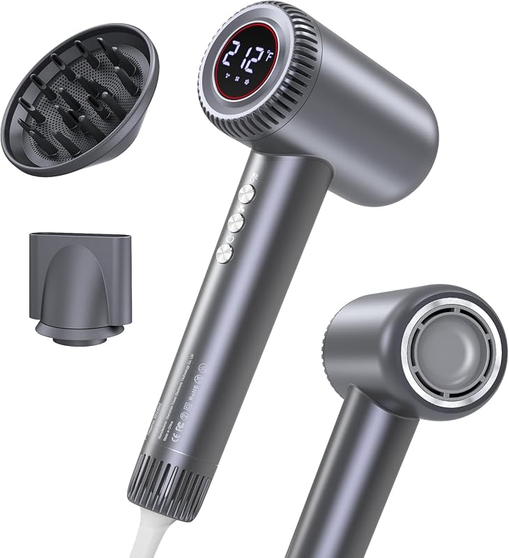 Hair Dryer, 180000 RPM High-Speed Blow Dryer, Negative Lonic Professional Care Hair Dryer, 1600W Low Noise Brushless Motor, Thermo-Control with Magnetic Diffuser and Nozzle for Travel, Salon(Grey)