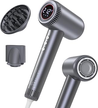 Hair Dryer, 180000 RPM High-Speed Blow Dryer, Negative Lonic Professional Care Hair Dryer, 1600W Low Noise Brushless Motor, Thermo-Control with Magnetic Diffuser and Nozzle for Travel, SalonGrey