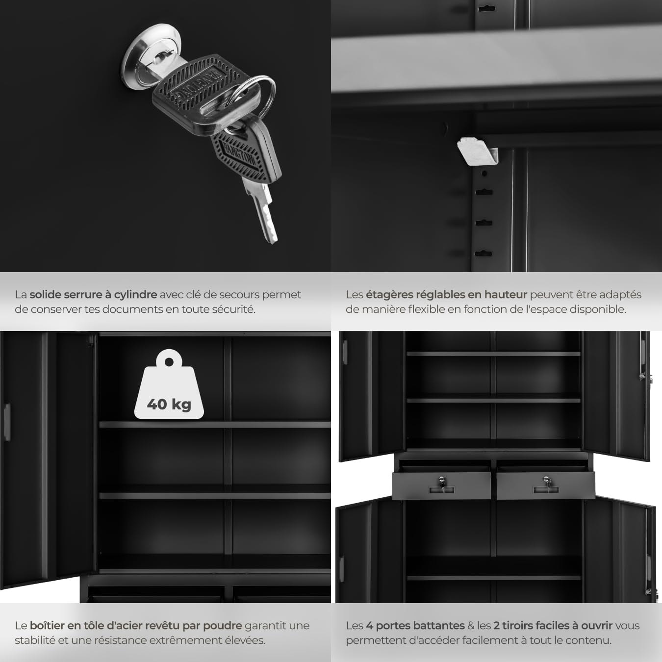 Diagram illustrating the features of the TecTake Metal Office Cabinet, including spacious storage, robust steel body, secure locking, wide-opening doors, silent buffers, high load capacity, and easy cleaning.