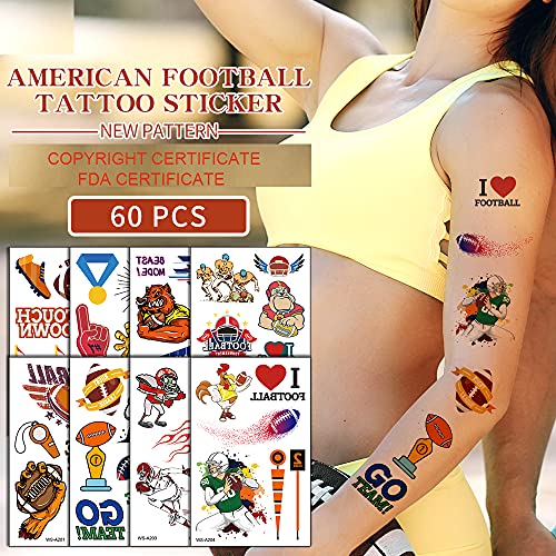 Temporary Tattoo, 60Pcs Fake Tattoos Designs, Waterproof Body Art Stickers, Fan Games Event Tattoo Decorations, Party Favors Scholl Reward Prizes Supplies For Boys Girls Women Men 10 Sheets Football #TOP2