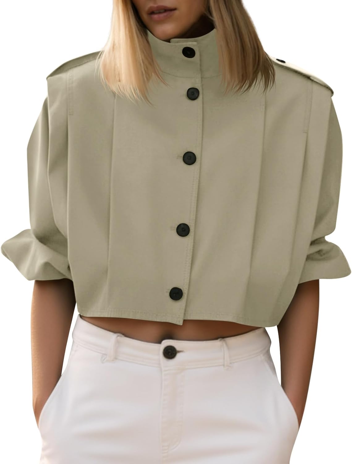 Cicy Bell Womens Cropped Trench Coats Pleated Button Down Short Jackets Fall Casual Lapel Loose Fit Outerwears