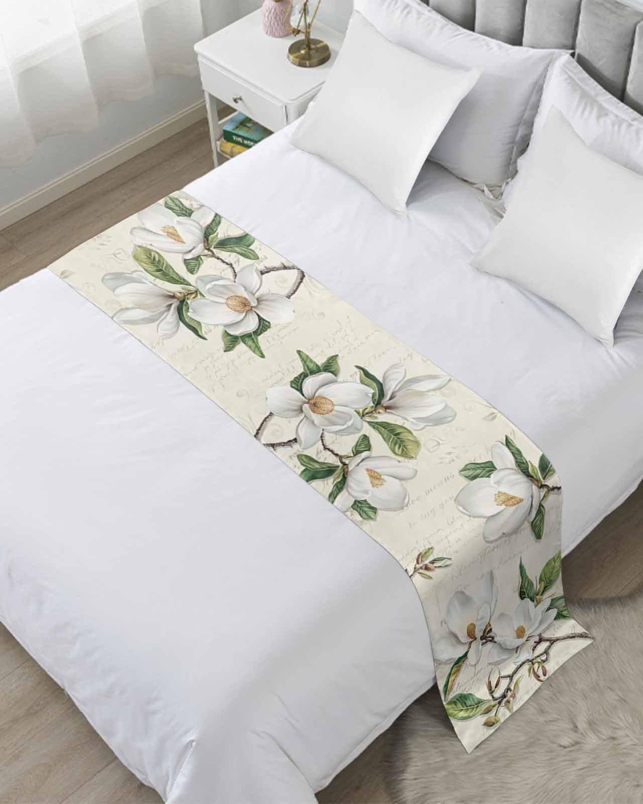 DecorLovee Botanical Flowers Bed Runners for Twin Size Bed, Decorative Bed Throws for Foot of Bed, Vintage Rustic White Floral Leaves Bed Runner Sofa Throw Bedding Scarf Protector for Bedroom