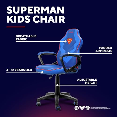 GXTrust 703SM Revvo Sedia Gaming con Licenza Superman per Bambini 4-12 Anni, Sedia da Gaming in Tessuto Regolabile in Altezza, Bracciolo Imbottito, Console di Gioco Supereroe Videogiochi, Blu - Sedia gaming - Immagine 2