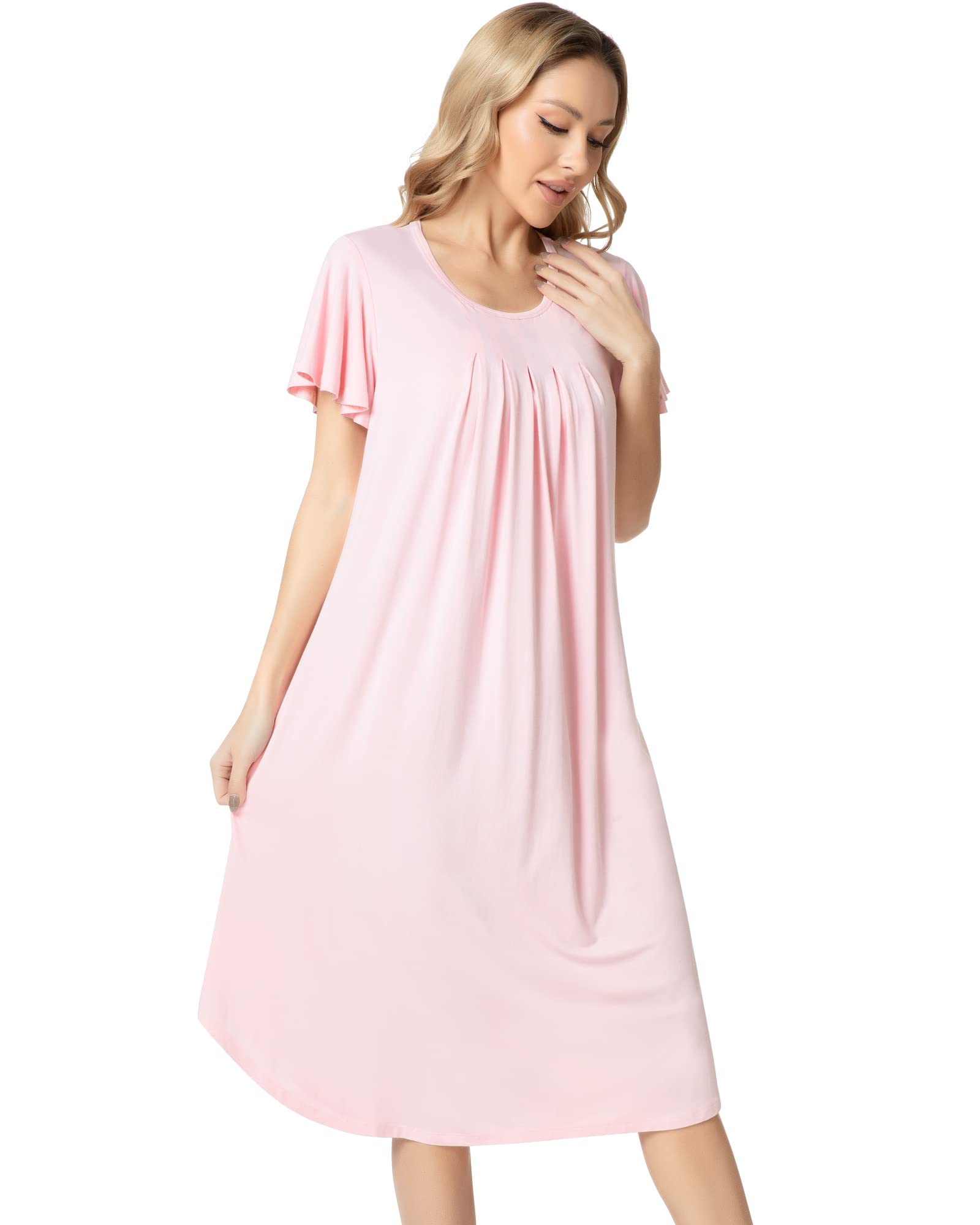NACHILA Nightgowns for Women-Viscose Made from Bamboo, Short Sleeve Nightgown V Neck Nightshirt Soft Sleepwear Dress
