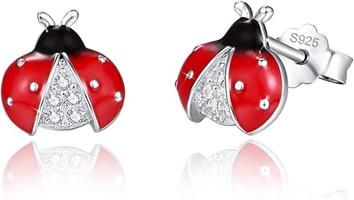 Ladybug Studs Earrings, 925 Sterling Silver Hypoallergenic for Sentitive Ears Miraculous Beetle Earring Jewelry Mother Day for Women Girlfriend with