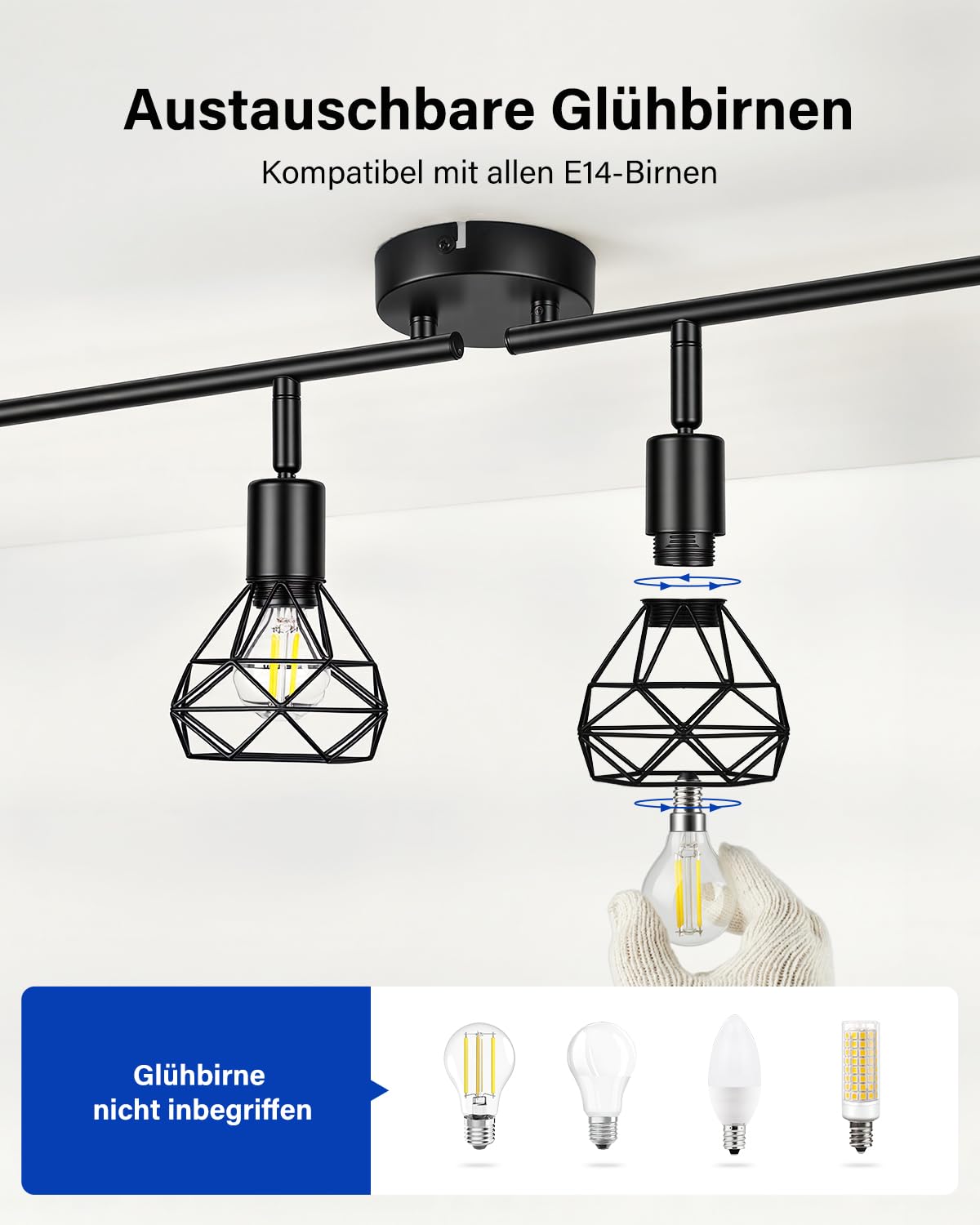 Leselux Deckenstrahler 4 Flammig E14, Deckenlampe Spot Schwenkbar Schwarz | Vintage Deckenleuchte Strahler Schwenkbar 350°, Metall Deckenspots Wandstrahler für Flur Büro Schlafzimmer, Ohne Leuchtmittel