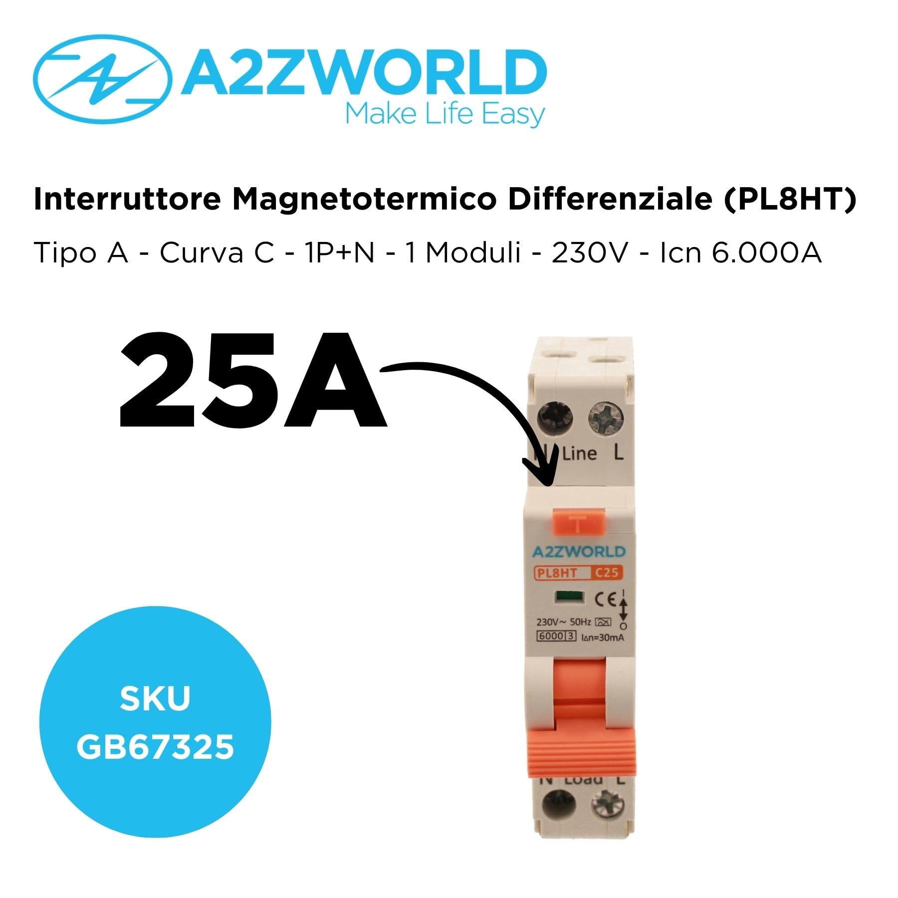 4 interruptores magnetotérmicos diferenciales 1 módulo clase A, 25 A C25, RCBO Slim 1P+N 6 kA 30 mA 220 V, tipo A curva C, serie PL8HT profesional