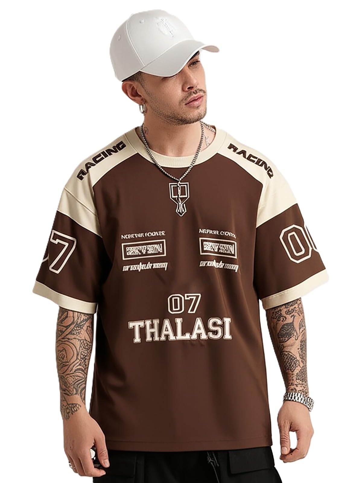 THALASI Men Cotton Jersey Oversized Brown T-Shirt