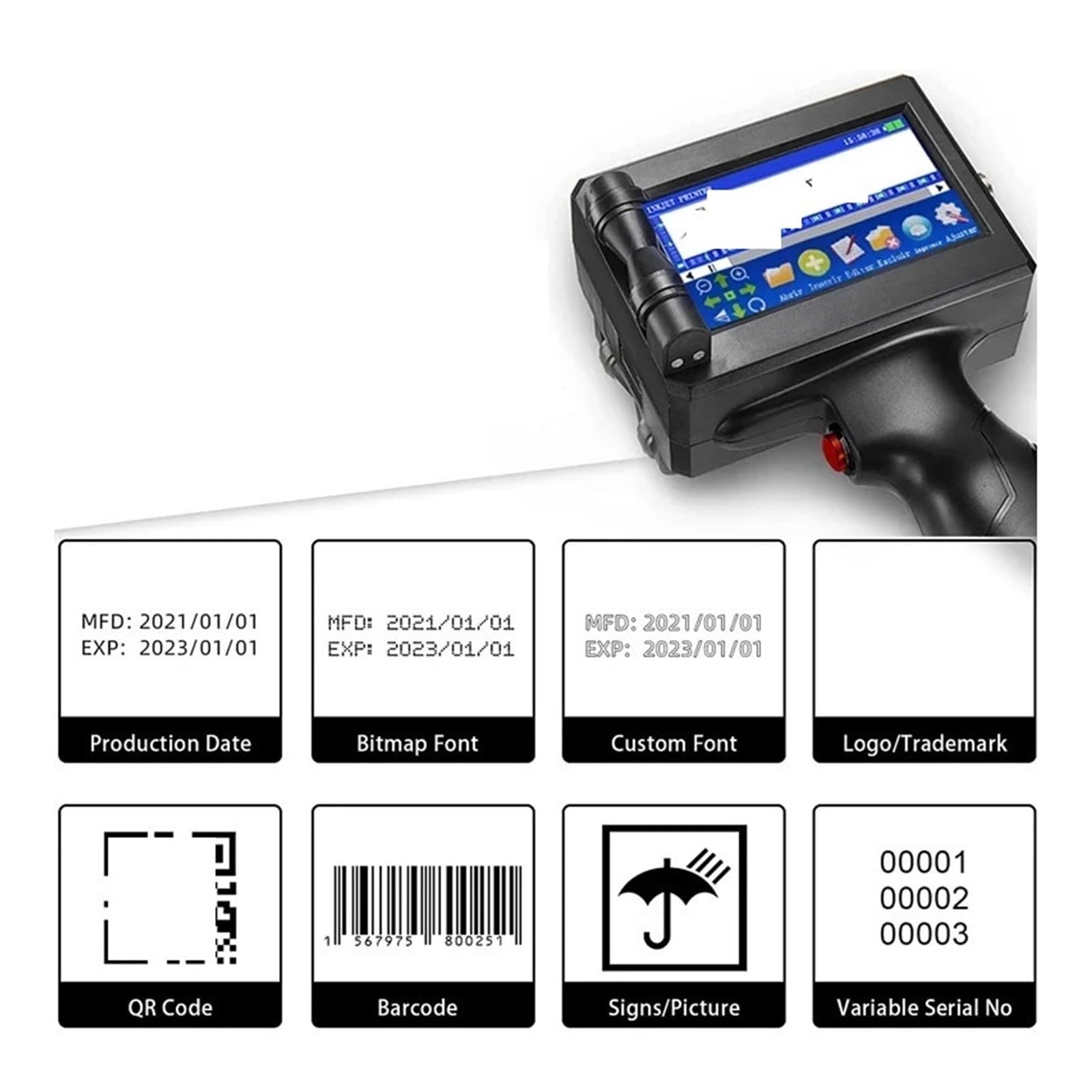 Hand-Tintenstrahldrucker für Etiketten, QR-Codes, Barcodes, Datumscodierung, geeignet für jede Oberfläche, inklusive 1 Tintenpatrone, tragbares Design für einfache Verwendung