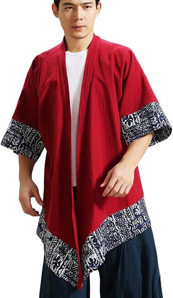 LZJN Mens Kimono Cardigan Cotton Linen Blend Cloak Poncho Open Front Lightweight Coat