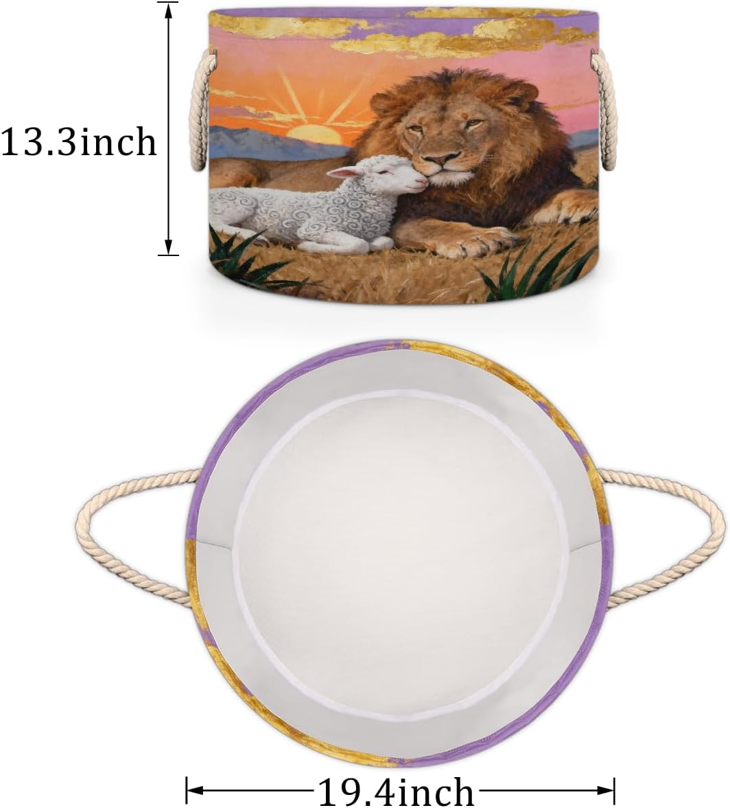 Large Storage Baskets - Lion Lamb Nursery Organizer Bin Box with Handles Collapsible Round Laundry Hamper for Kids Toys Pet Blanket, Bedroom Living Room Home Decor Gift Basket