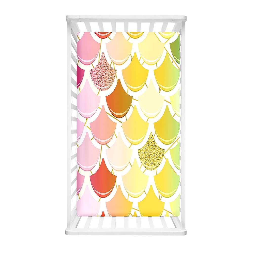 Odot Cot Bed Fitted Sheets Girls Travel Cot Sheets, Dreamy Mermaid Scales Print Microfiber Mattress Protector, Toddler Kids Cozy Bedding for Cradle, Cribs, Bassinet (Yellow,90x55cm)