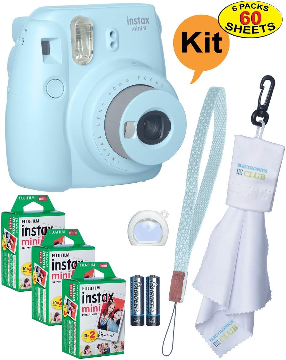 Fujifilm Instax Mini 9 Instant Film Camera + 20 Sheets of Instant Film + Lens Cleaning Cloth + Close-Up Selfie Lens + Wrist Strap  Batteries Included - ICE-Blue
