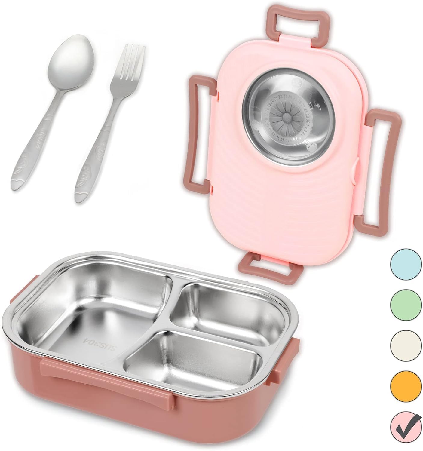 CityRiya-LongStainless Steel Bento Lunch Box，3 Compartment Food Container，Insulated Lunch Box with Reusable Soup Bowl，Fork and Spoon，for Kids and Adults (Pink)