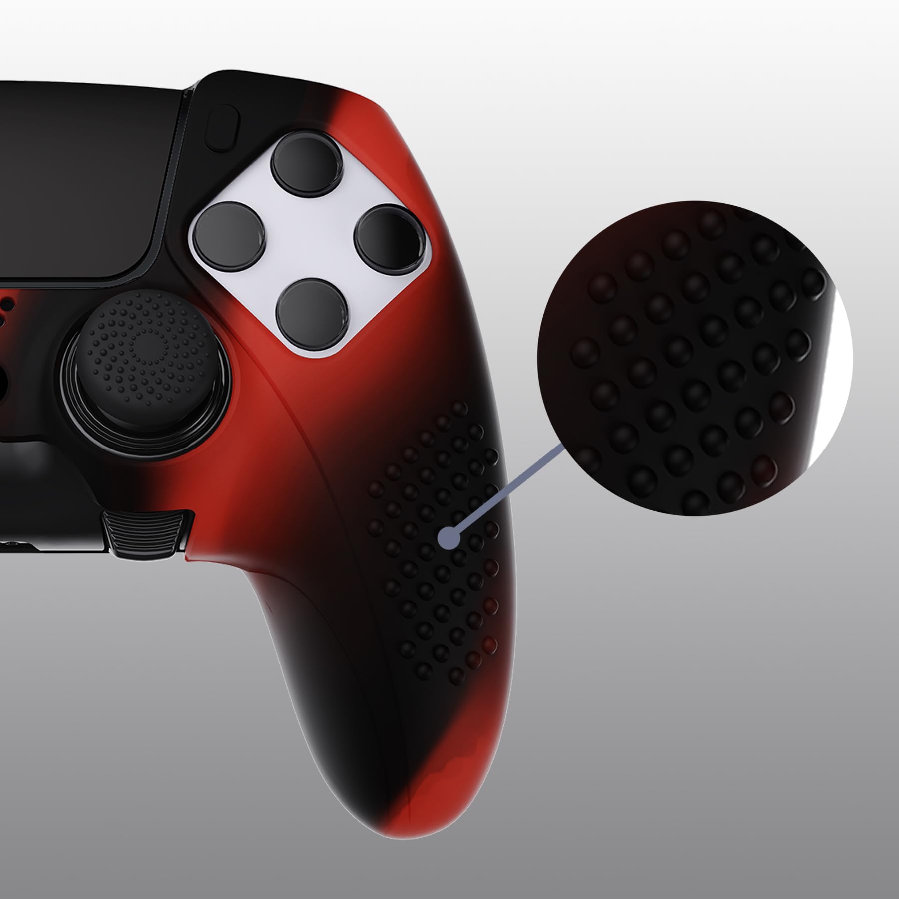 PlayVital Funda de Silicona Antideslizante para ps5 Edge - Carcasa Protectora con 6 Tapas de Joysticks, Cubierta de Goma Tacto Suave, Protector de Mando, Diseño 3D Tachonado (Negro&Rojo)