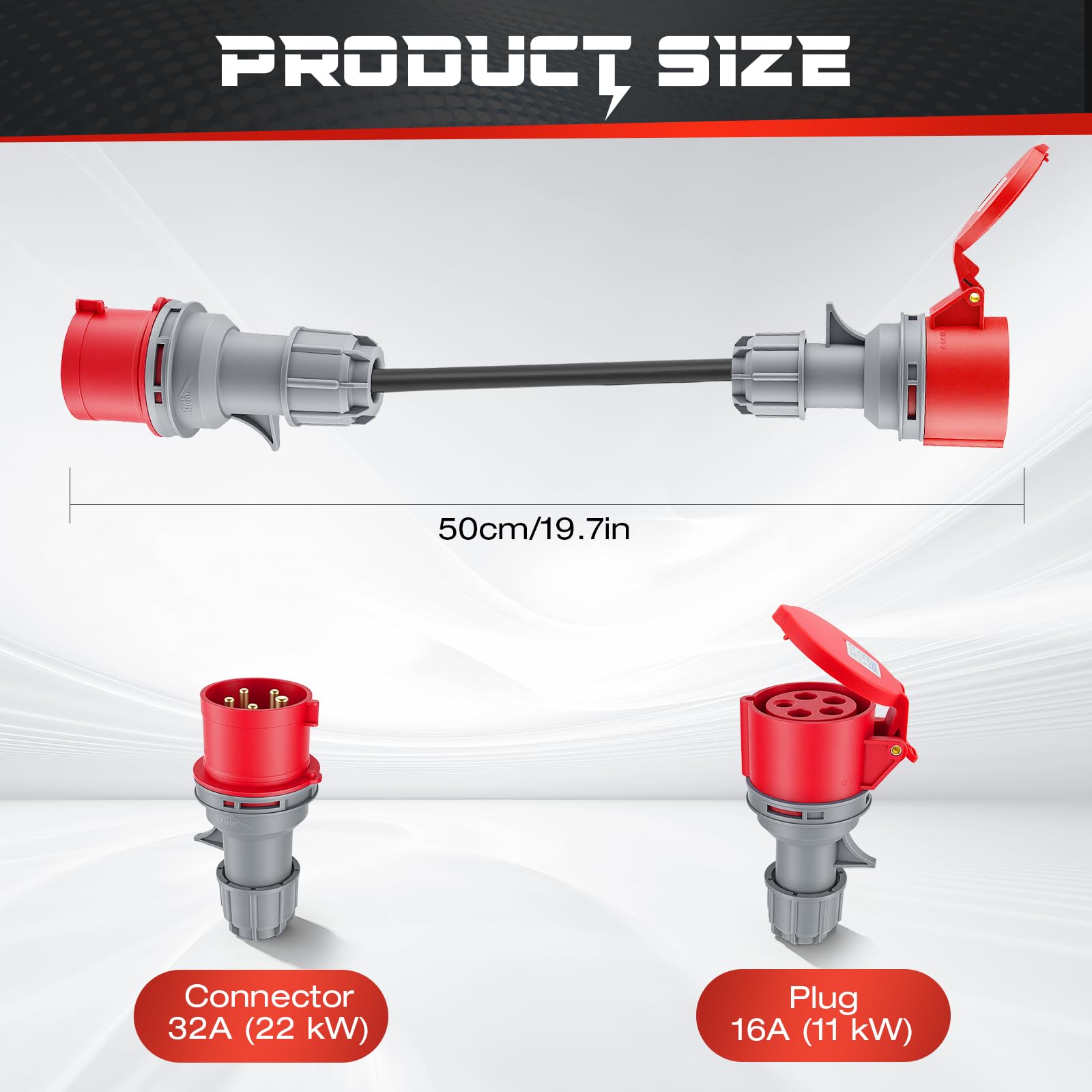 Adaptador CEE 32A a 16A, 5 Polos, IP44 Impermeable con Tapa de Protección de Cierre Automático para Industria, Obras y Coche Eléctrico