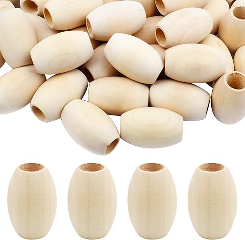 Miniatura 8 de BronaGrand 100 cuentas espaciadoras de madera natural, cuentas ovaladas de barril, cuentas redondas sueltas con agujero grande de 0.315 pulgadas