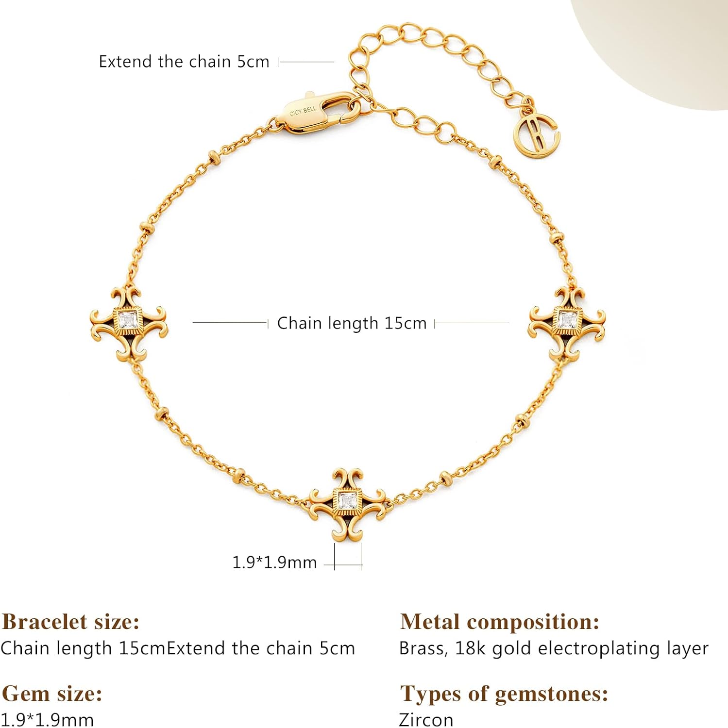 Cicy Bell Womens Bracelets 18k Gold Plated White Shell Cubic Zirconia Square Cross Adjustable Chain Link Bracelets for Women 6.69" with 2" Extender - Image 6