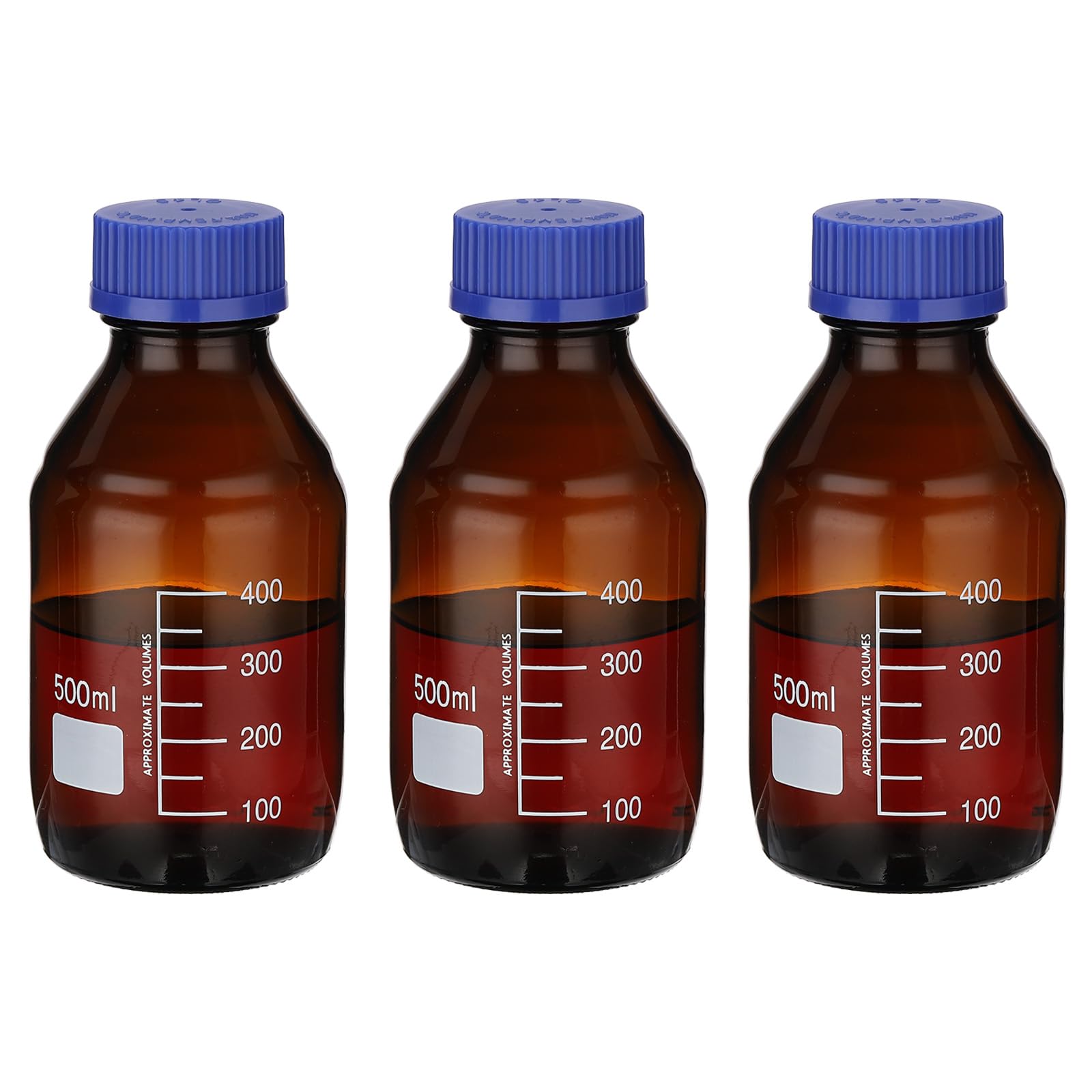 PATIKIL Confezione da 3 bottiglie rotonde per reagenti, in vetro borosilicato da 500 ml, graduate, con tappo a vite GL32 blu, per liquidi reagenti d'acqua di laboratorio, ambra