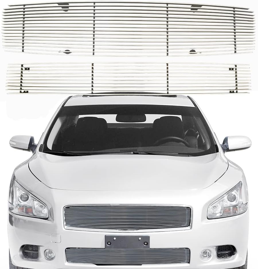 Chrome Billet Grille Insert Compatible with 2009-2014 Nissan Maxima Front Grill Combo 2010 2011 12 13 Upper 2pcs Aluminum Horizontal Billet