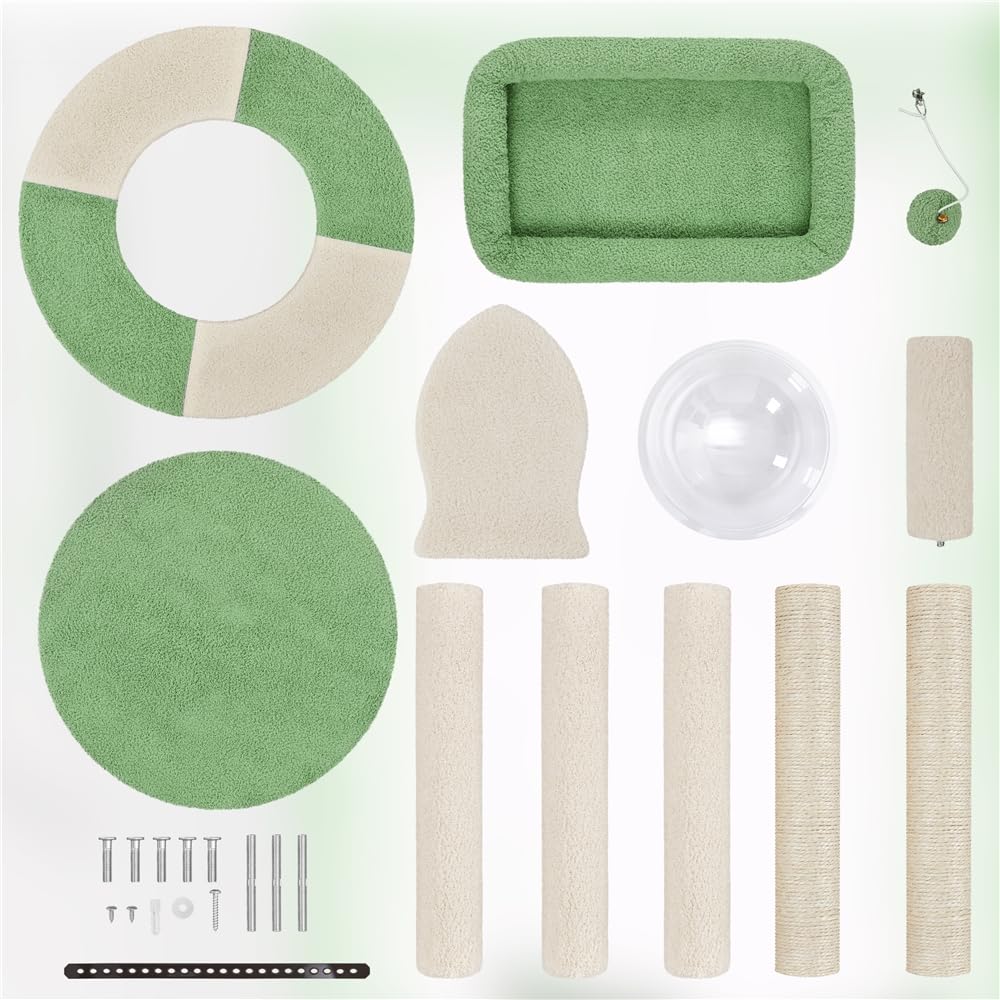 Tiragraffi per Gatti Albero Alto 90 cm con Trespolo Palla Giocattolo Tana Trasparente Torre Gatto Verde e Beige