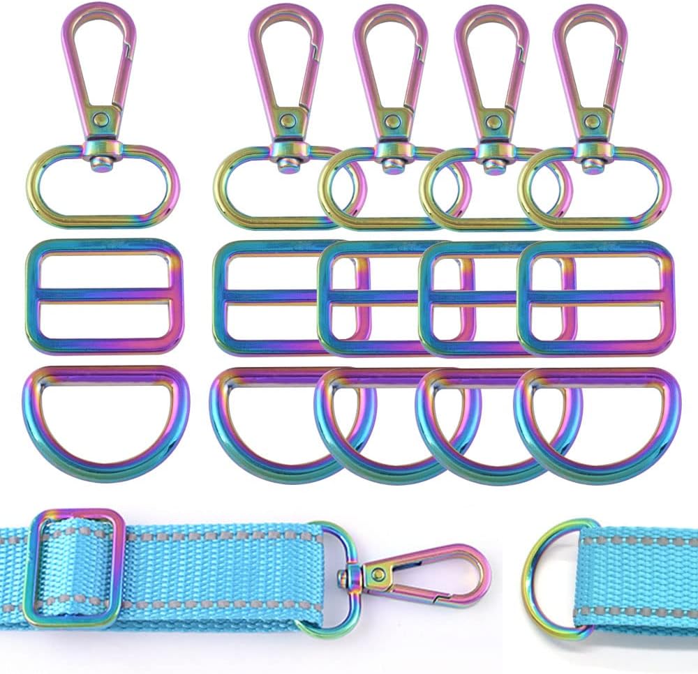 Rainbow Swivel Clasp Claw Hooks - 25mm Swivel Hook with D Rings Set Slide Buckle for Purses Keychain Lanyard 5 Set (Rainbow)