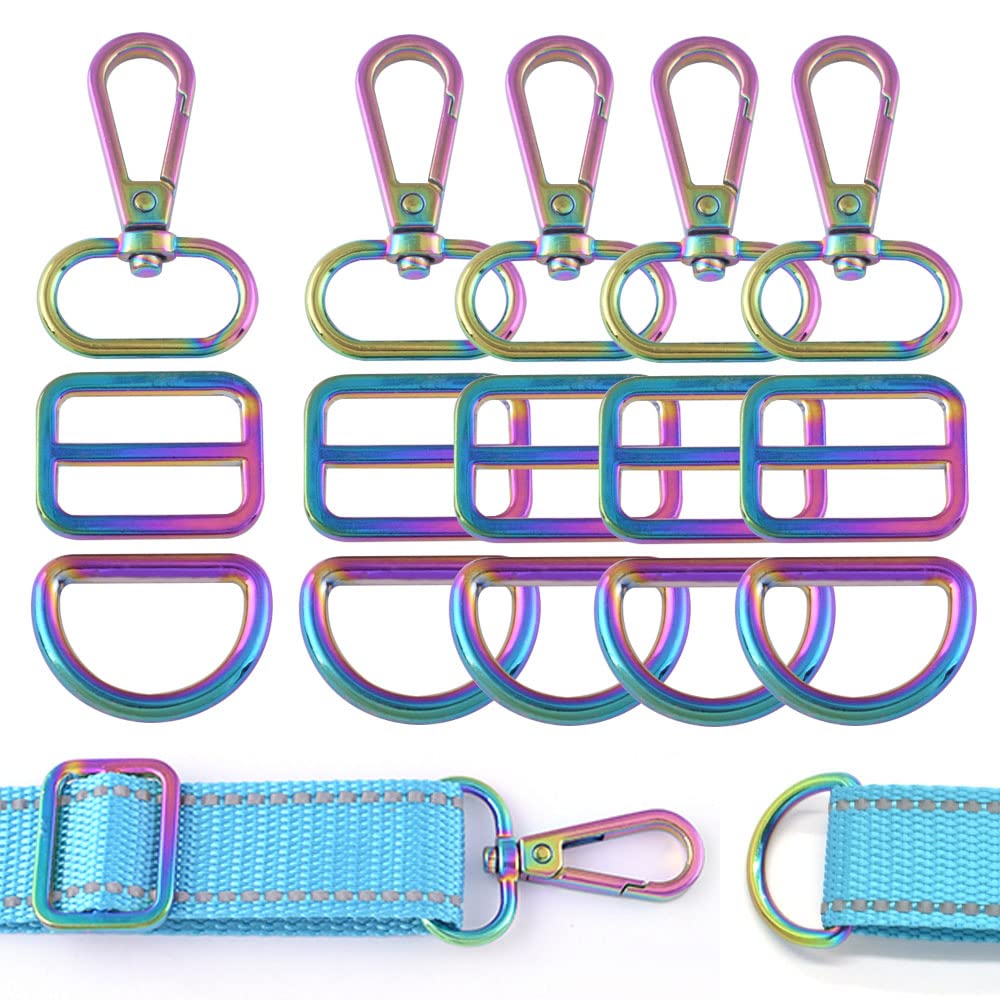 noyin Rainbow Swivel Clasp Claw Hooks - 20/25mm Swivel Hook with D Rings Set Slide Buckle for Purses Keychain Lanyard 5 Set (1inch, Rainbow)