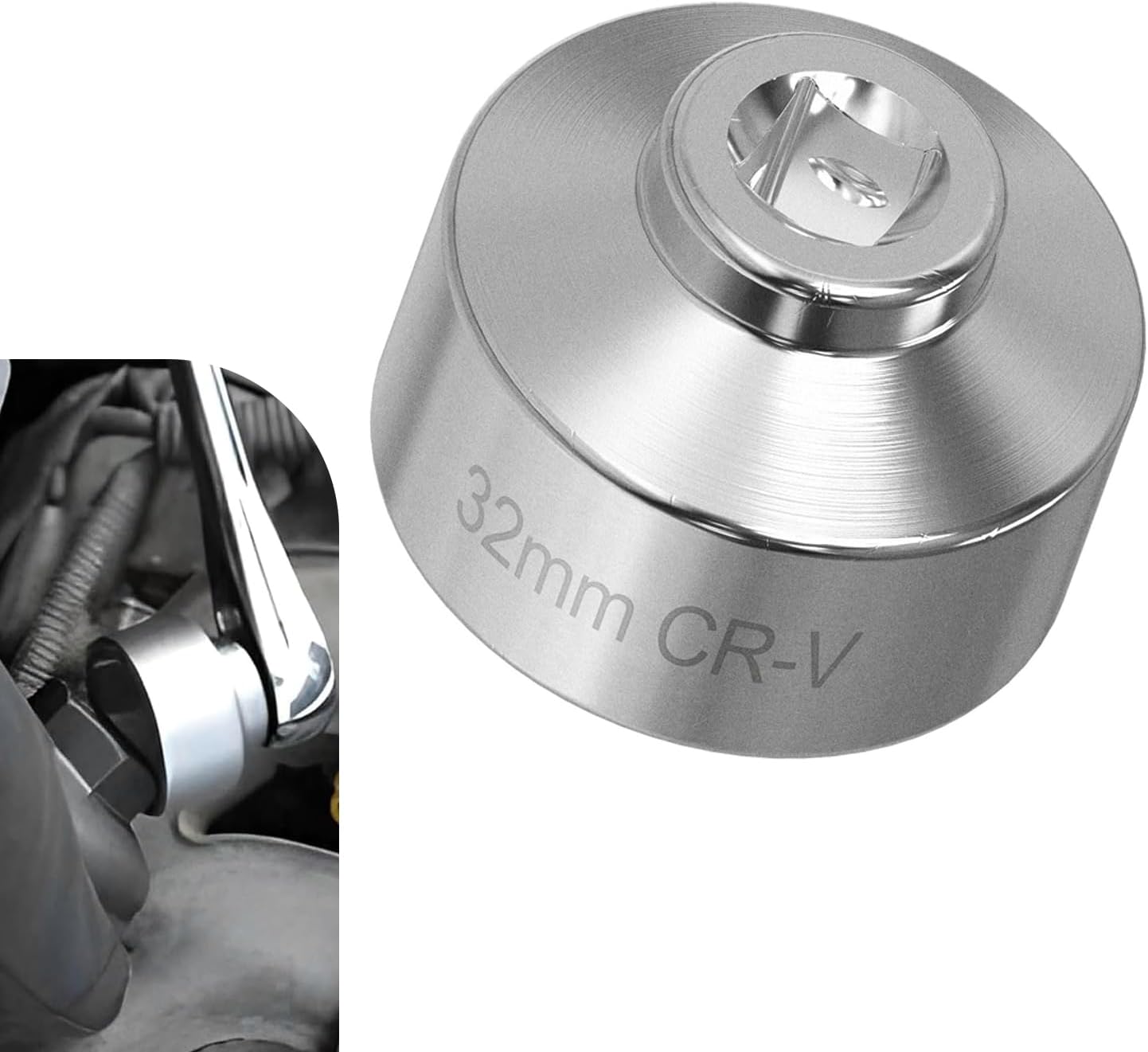 1 PC Car Oil Filter Wrench, 32mm 6-Point Low-profile Oil Filter Socket Tool, 3/8" Drive Steel Oil Pan Filter Removal Wrench, Compatible with Ecotec, TDI, VW, Audi, BMW (Silver)