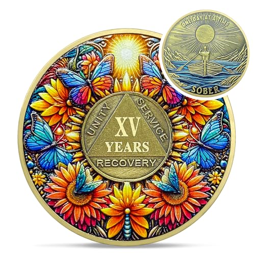 Image of Delicate Sunflower 15 Year Sobriety Coin - 15 Year Recovery Butterfly AA Coins - One Day at A Time NA HA AA Chips and Medallions - 1-40 Years Living Clean Alcoholics Anonymous Gifts for Men Women