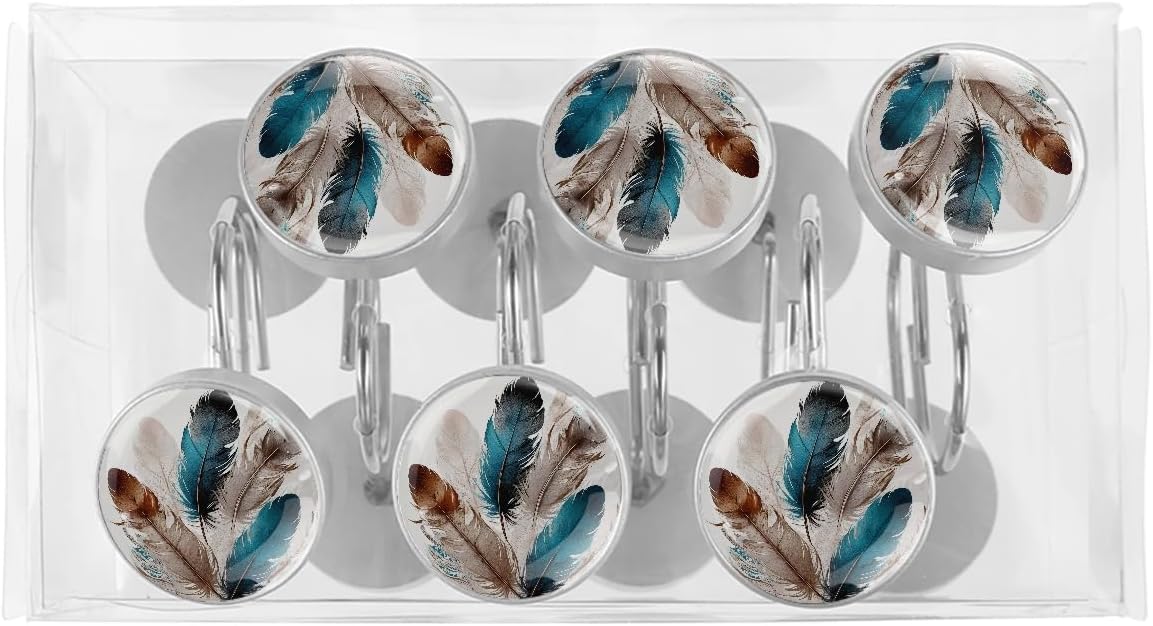 Feather Shower Curtain Hooks, Home Decorative Shower Curtain Rings for Bathroom, Rust Proof Metal Shower Curtain Hangers for Shower Curtain Rod, Set of 12