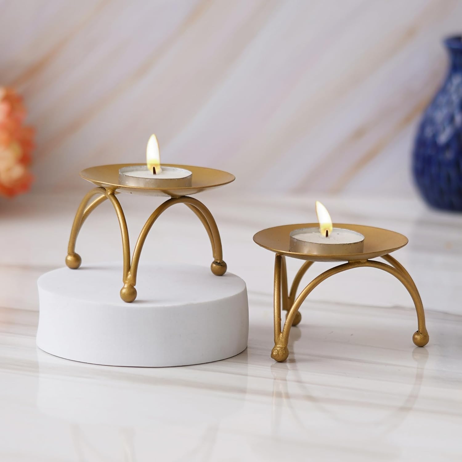H S Crafts GoldenR Tea Light Candle Holder, Metal Stand, Stand for Idol, Diya or Decor – Decorative Brass Finish Chowki for Puja Mandir, Festival, Home & Office Temple Use, Round, Set of 2-image-32