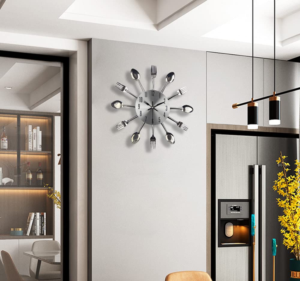 Timelike Orologio da parete da cucina, 3D rimovibile, moderno, creativo, posate, cucchiaio, forchetta, orologio da parete a specchio, decalcomania da parete, decorazione della stanza (rosso