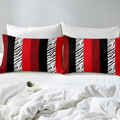 Leopard Print Sheet Queen,Zebra Skin Texture Bedding Set For Kids Teens Adult,Striped Fashion Black White And Red Bed Sheet Set 4Pcs With Deep Pocket Fitted Sheet + Flat Sheet + 2 Pillowcases #TOP3