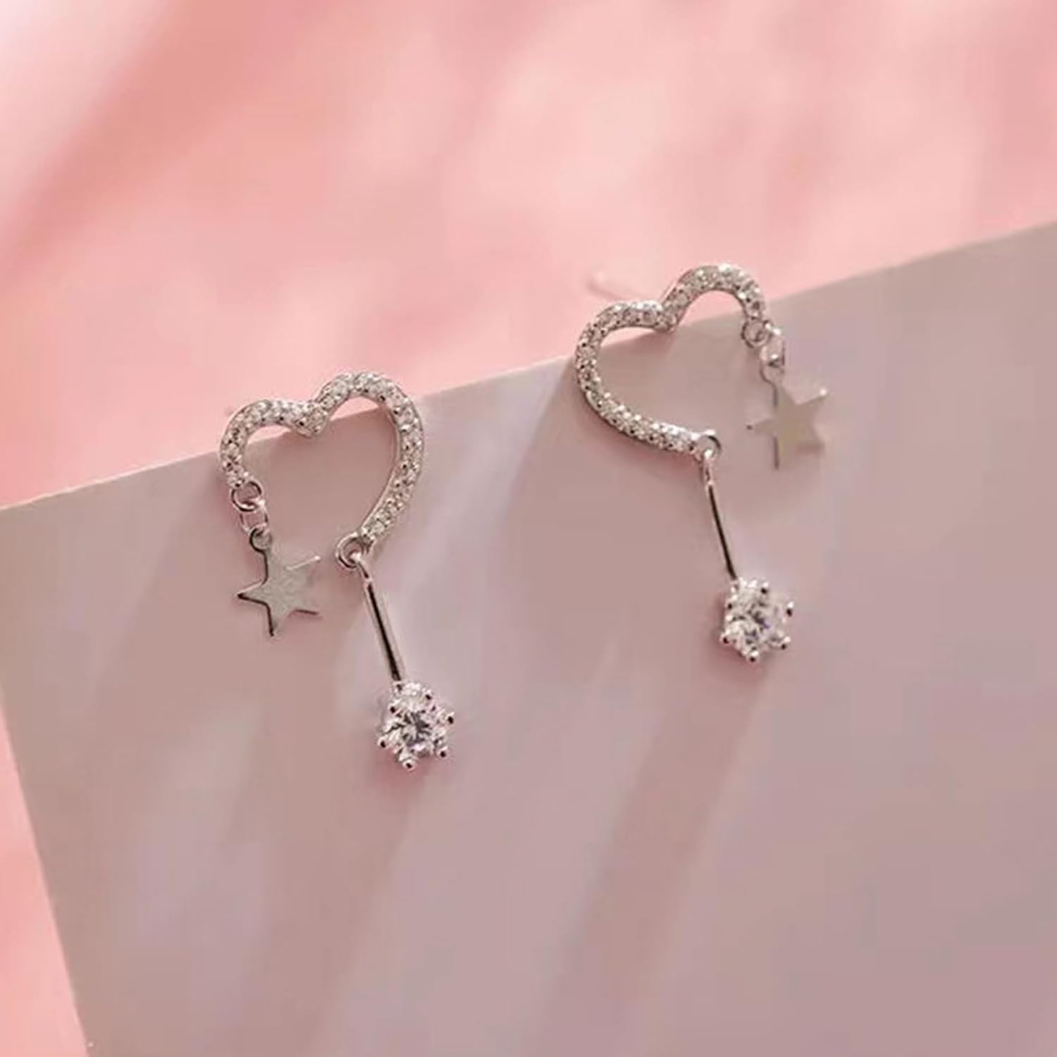 925 Sterling Silver Dainty Heart Hoop Hollowed Earrings for Women Asymmetrical Cubic Zirconia Star Dangle Earrings Hypoallergenic Infinity Sweet Love Jewelry to Daughter Mom Valentines Wedding Gifts - Image 7