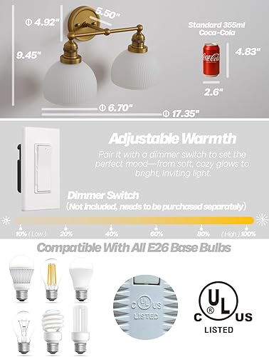 Miniatura 8 de Aplique de pared dorado de 2 luces, aplique de pared vintage para baño, con vidrio de leche, doble brazo de latón, lámpara de tocador para sala de