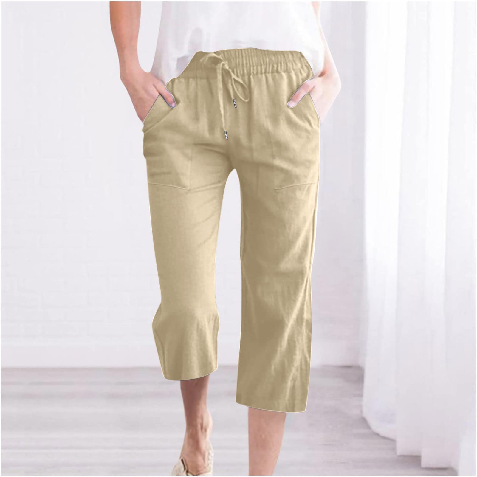 Photo 1 of Womens Capri Pants Casual Cotton Linen Summer Pants Drawstring Elastic High Waist Wide Leg Cropped Trouser